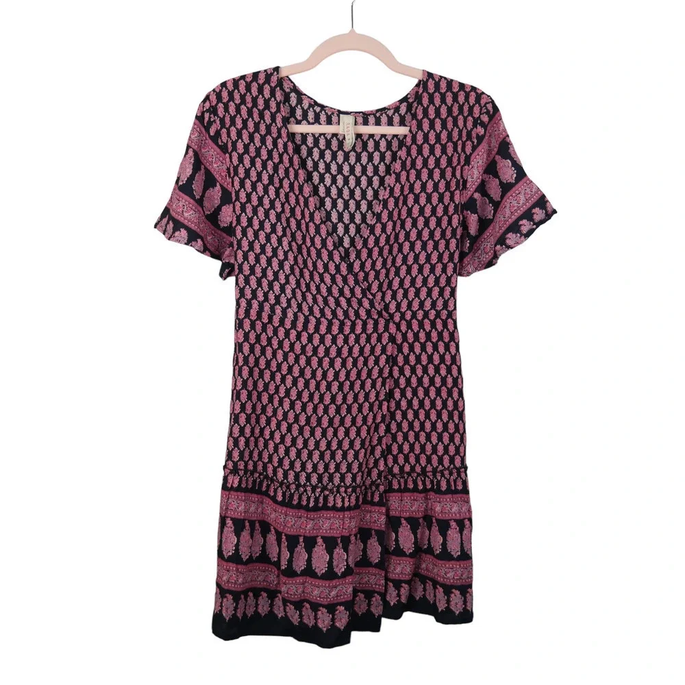 RAGA Avah Wrap Mini Dress Bohemian Pink Printed Dress Size Medium - Picture 2 of 7